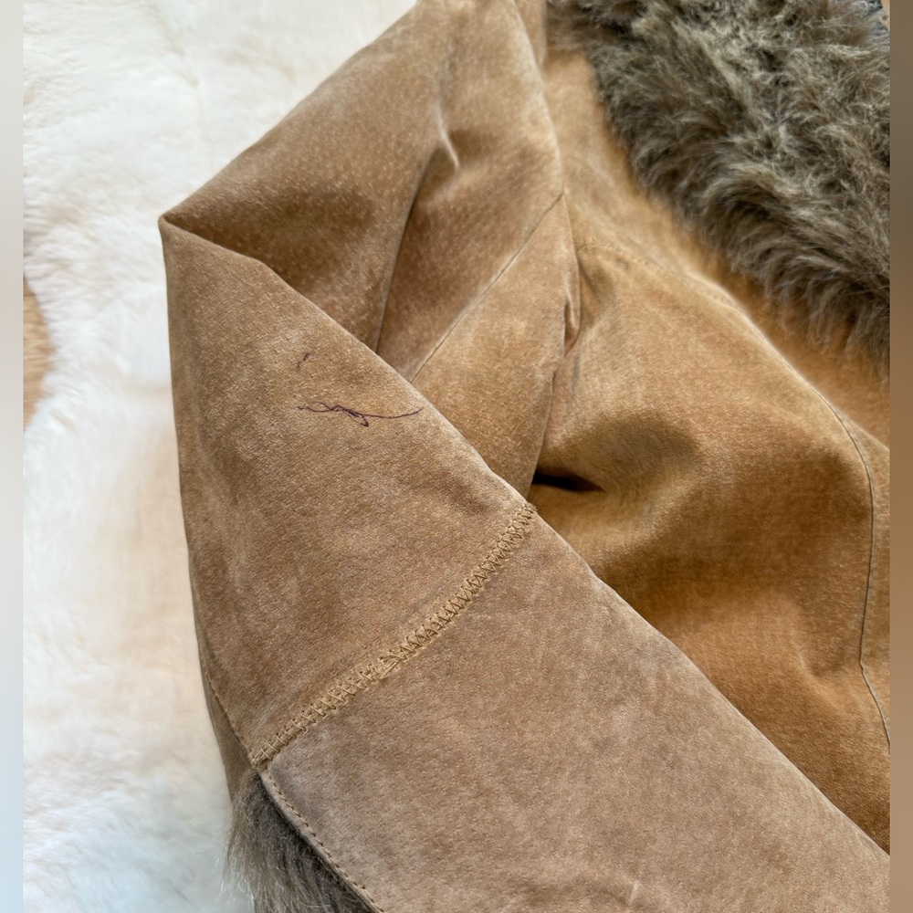 🌻Vintage 90s Y2K Faux Fur Lined DB Studio Tan Leather Penny Lane Vibes Coat✨ - Picture 11 of 16